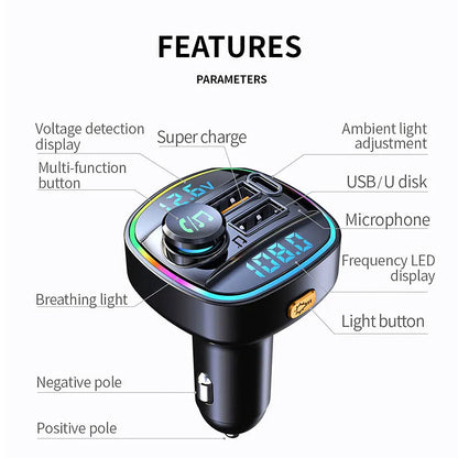 Bluetooth 5.0 FM Transmitter Handsfree Car Radio Modulator MP3 Player - 22.5W USB Super Quick Charge Adapter Included