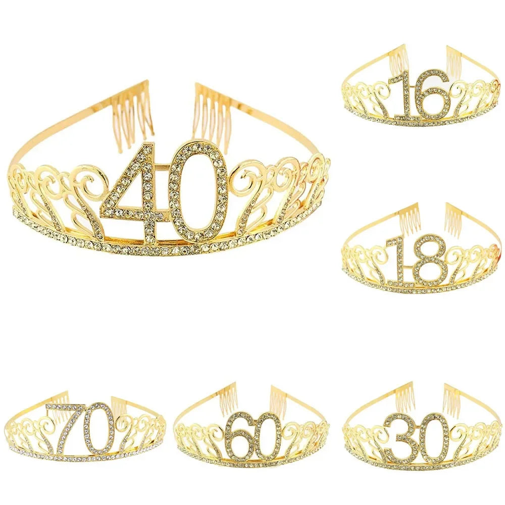 Gold Crystal Birthday Tiara Crown for Women – 30th, 40th, 50th, 60th Party Decoration and Cake Topper