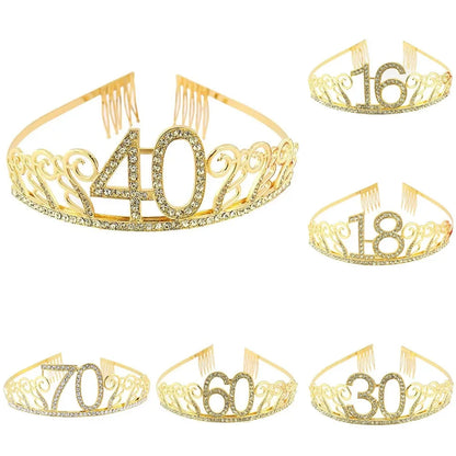 Gold Crystal Birthday Tiara Crown for Women – 30th, 40th, 50th, 60th Party Decoration and Cake Topper