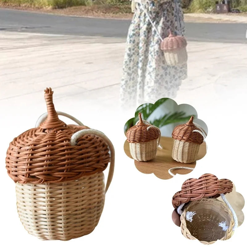 New Acorn-shaped Storage Basket: Hand-woven Round Rattan Bag, Tropical Beach Style Shoulder Bag - Ideal for Photo Props