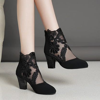 Step into Style: New Fashion Lace Flower High Heels with Ankle Strap - Round Toe Hollow Out Sandals, Zip Pumps for Women