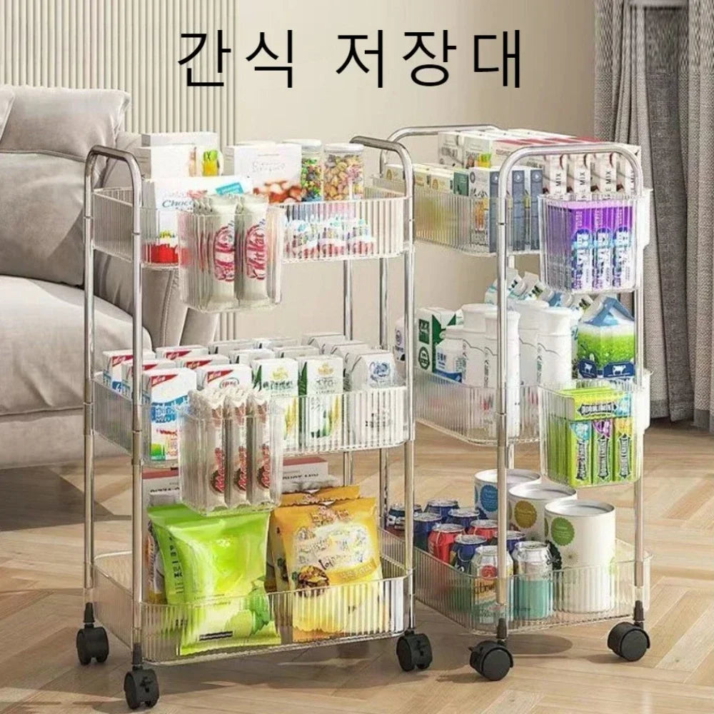 Acrylic Rolling Cart with Hanging Basket - Multi-Layer Transparent Bathroom, Makeup, and Snack Organizer, Movable Storage Rack