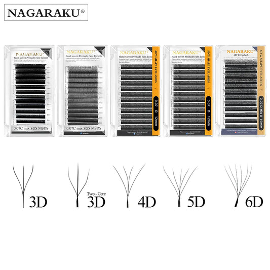 NAGARAKU Automatic Flowering W Shape Eyelash Extensions - 3D/4D/5D/6D Premade Fans, Natural Soft Light, Full & Dense