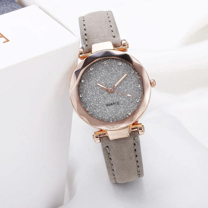 Round Face Rhinestone Starry Sky Watch – Silver and Pink Women’s Fashion Wristwatch with Frosted Belt – Vintage Black Quartz Timepiece