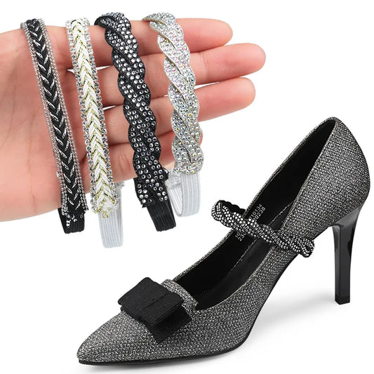 Women's Adjustable Ankle Shoe Belt - Holding Bundle Shoelaces Tie Straps Band - Elastic Rhinestone Shoelaces for High Heels