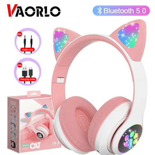 Cute Cat Ears Headphone Bluetooth 5.0 Stereo with Mic - Wireless Kids Girl Earphone with Flash Lamp, TF Card Support - Perfect Birthday Gift