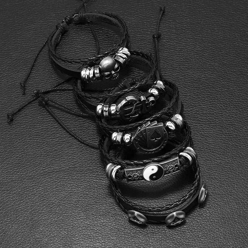 Fashion Black Skull Multi-Layer Beaded Leather Bracelet Set for Men - Adjustable DIY Winding Rope