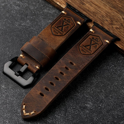 Handmade Vintage Crazy Horse Leather Bracelet – 40MM, 44MM, 45MM, 49MM, Fits Apple Watch S8 Ultra, Folded Thick Brown Strap