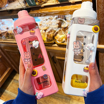 Kawaii Water Bottle with Straw: 3D Cute Bear Sticker, BPA-Free Plastic Square Sippy Cup - Portable 700ml Drinkware