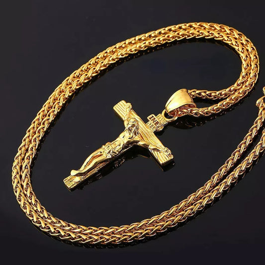 Religious Jesus Cross Necklace for Men - Fashion Gold Color Cross Pendant with Chain, Jewelry Gift for Men