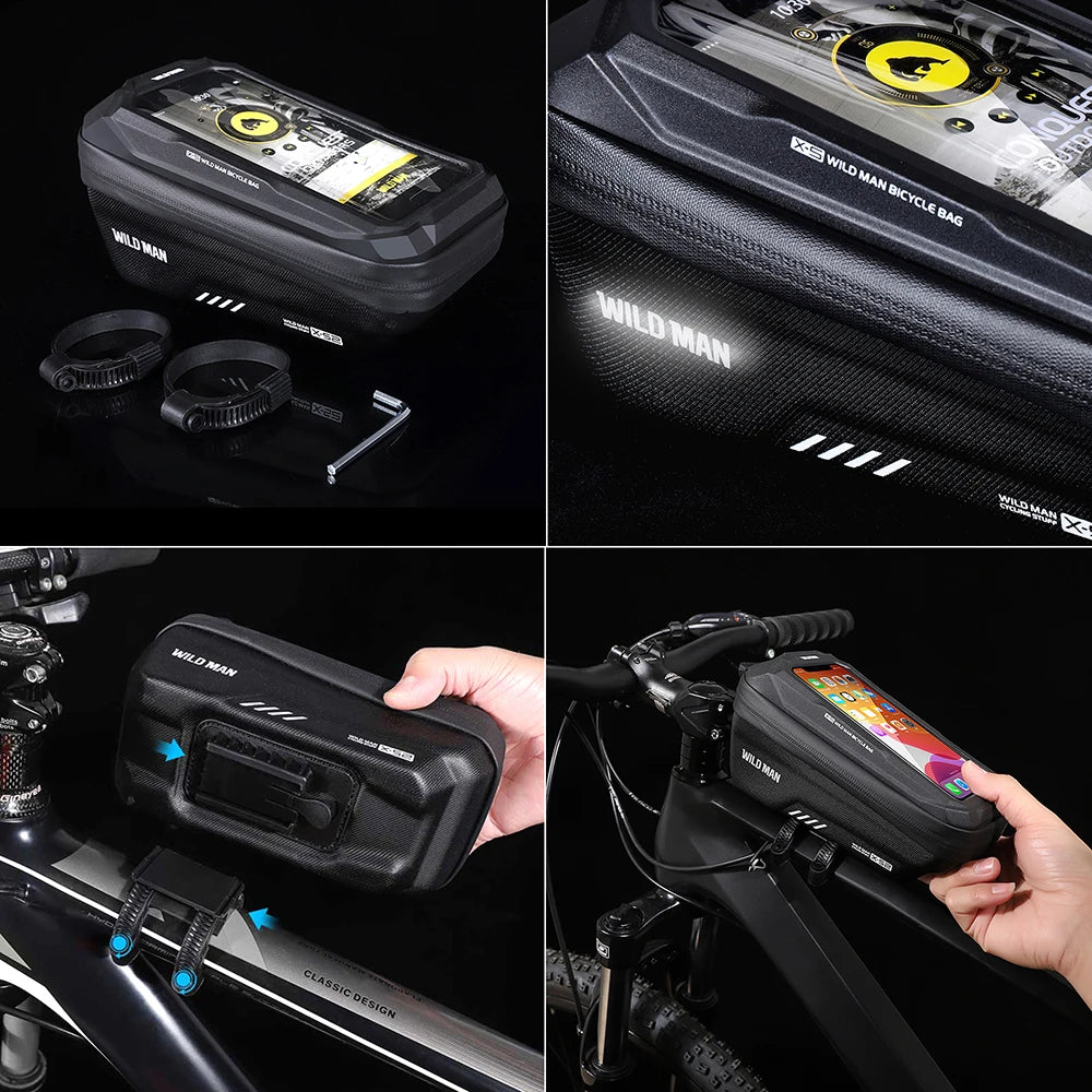 WILD MAN Mountain Bike Bag: Front Handlebar Rainproof Mobile Phone Case - Bicycle Top Tube Bag for Cycling Accessories