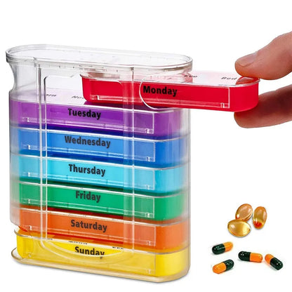 Portable Weekly Pill Box: Colorful Stackable Design for 7 Days, 4 Times a Day Medicine Storage - Plastic Dispenser Organizer