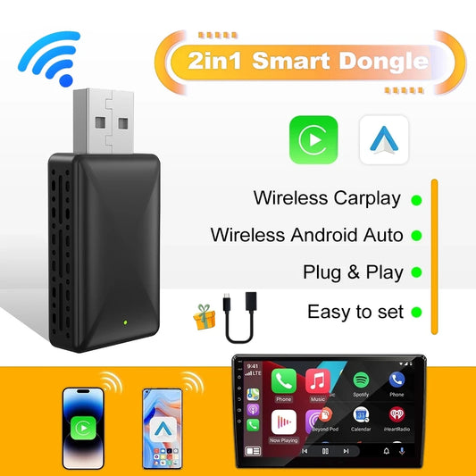 2024 Android Auto Wireless Adapter - Mini 2-in-1 Box with Apple CarPlay Dongle, Plug and Play Wired/Wireless WIFI for Cars