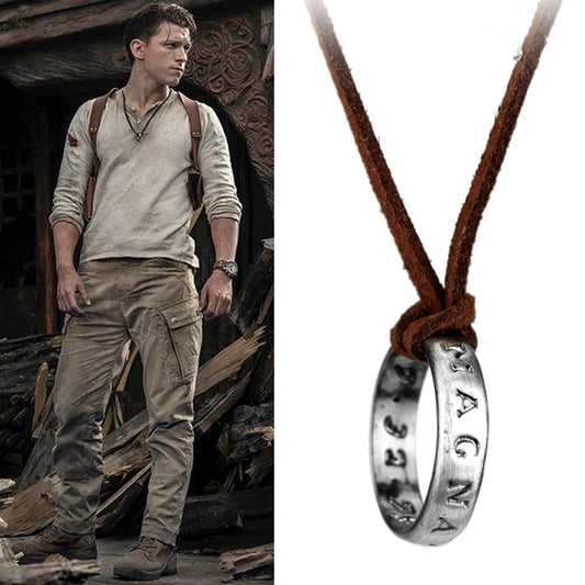 Uncharted 4 Nathan Drake Necklace - Vintage Leather Cord Pendant with Cosplay Ring, Movie Game Jewelry Prop