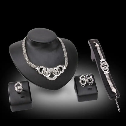 European and American Fashion Five-Ring Jewelry Set - Retro Bride Necklace, Earrings, Bracelet, and Ring Gift Set