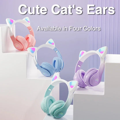 New Cat Bluetooth Headphones with Wireless Gradient LED Light & Mic, Kids' Stereo Music Headset, Perfect Gamer Gift