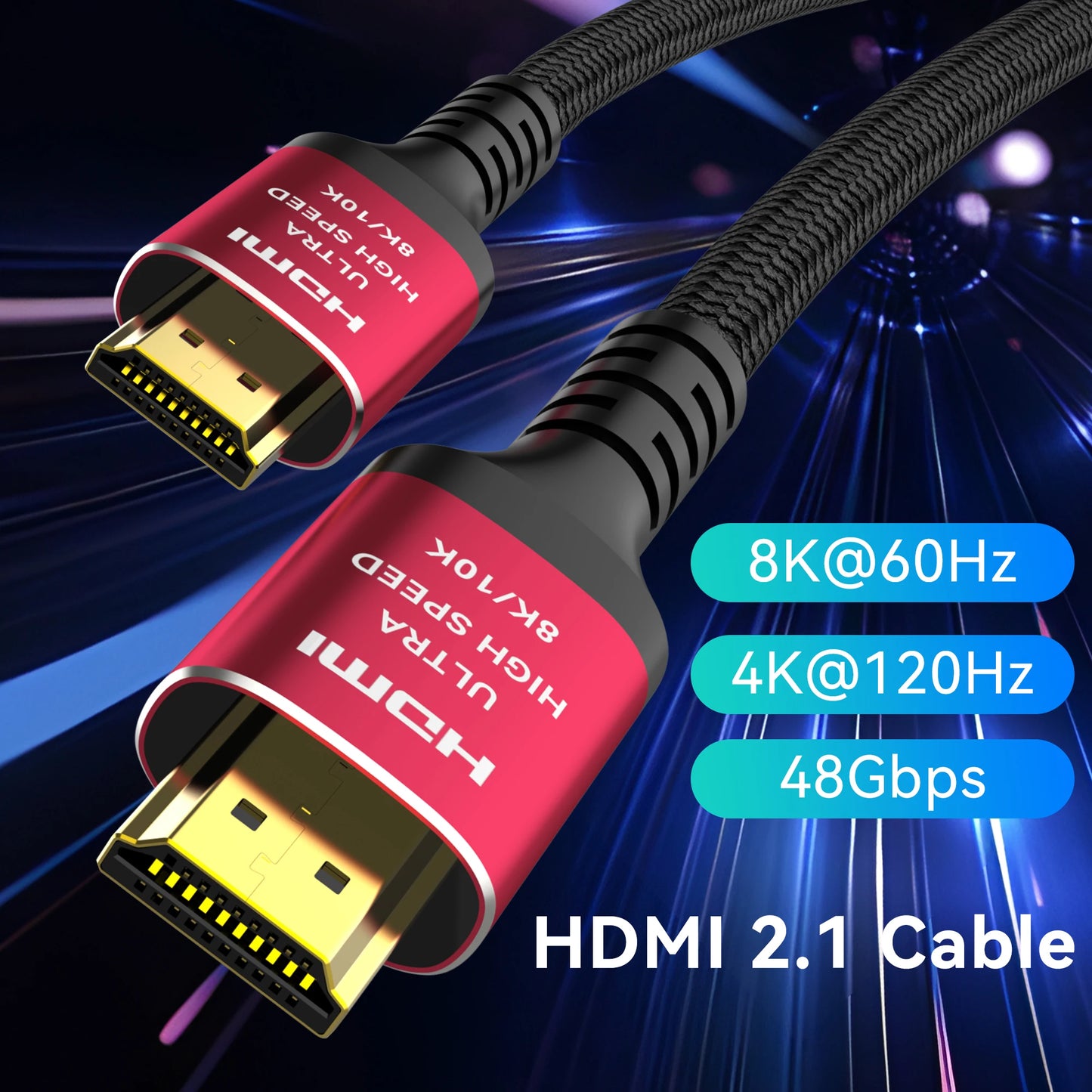 Long 8K HDMI 2.1 Cable - 48Gbps High-Speed Braided Cord for 4K@120Hz, 8K@60Hz - Compatible with Roku TV, PS5, PS4, HDTV, RTX 3080, 3090