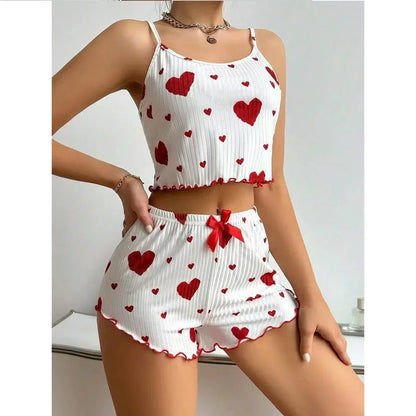 Summer Women's Heart Print Pajama Set - Relaxed Fit Round Neck Backless Crop Cami Top and Shorts Loungewear