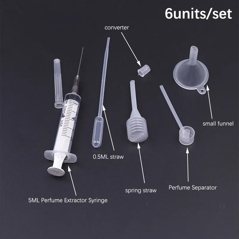 Refill Your Perfumes Effortlessly: 6-Piece Perfume Refill Tools Set - Plastic Diffuser Syringe, Straw, Dropper, and Funnel Included - Essential Dispensing Accessories for Cosmetic Refills