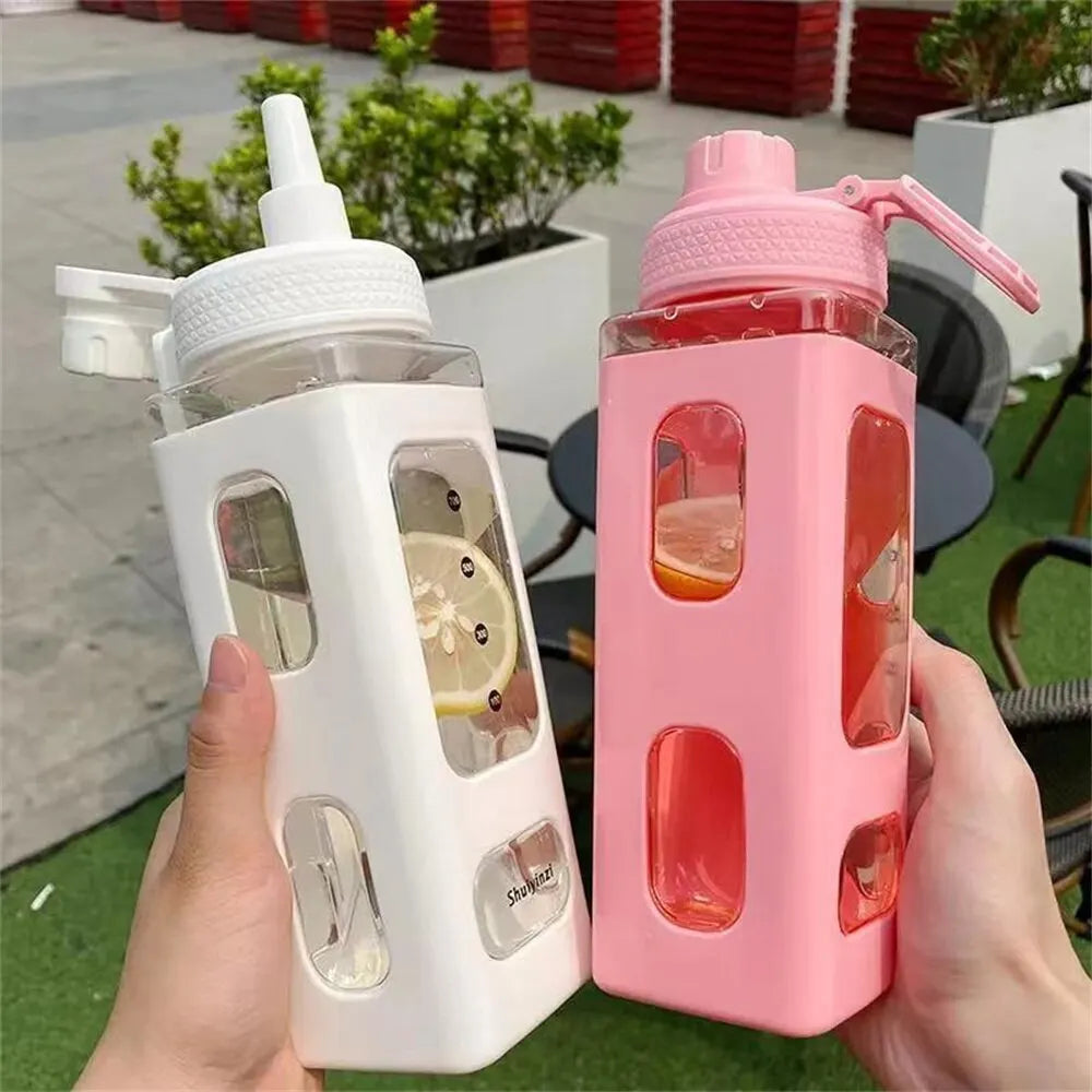 Kawaii Water Bottle with Straw: 3D Cute Bear Sticker, BPA-Free Plastic Square Sippy Cup - Portable 700ml Drinkware