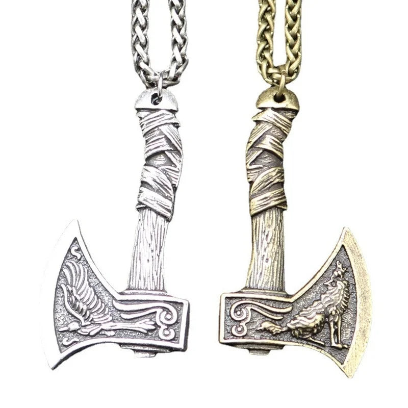 Trendy Retro Viking Tomahawk Pendant Necklace - Double-Sided Crow and Prairie Wolf Charm, Men's Metal Accessory for Parties