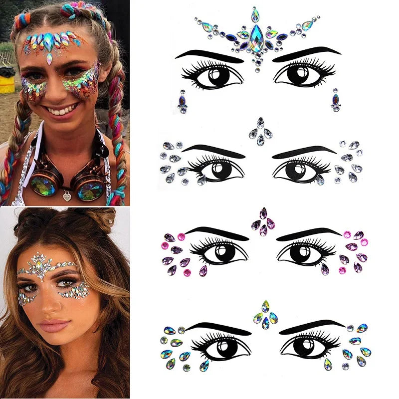 3D Rhinestone Bright Face Stickers for Festival: Glitter Makeup Jewelry Sticker with Crystals, Gems, Diamonds Decoration