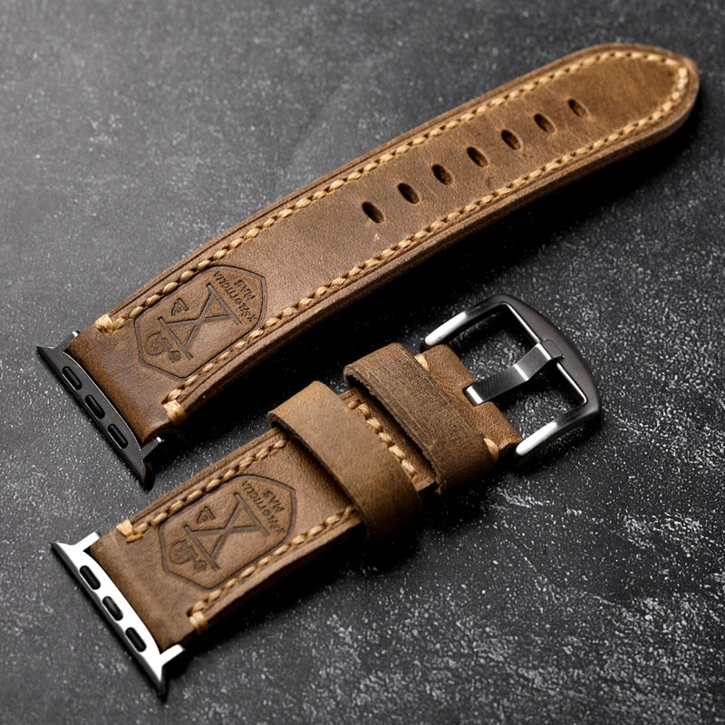 Handmade First Layer Cowhide Leather Band – German Leather for Apple Watch 8 Ultra, 7, SE, Retro Style, Keather Thickened Bracelet