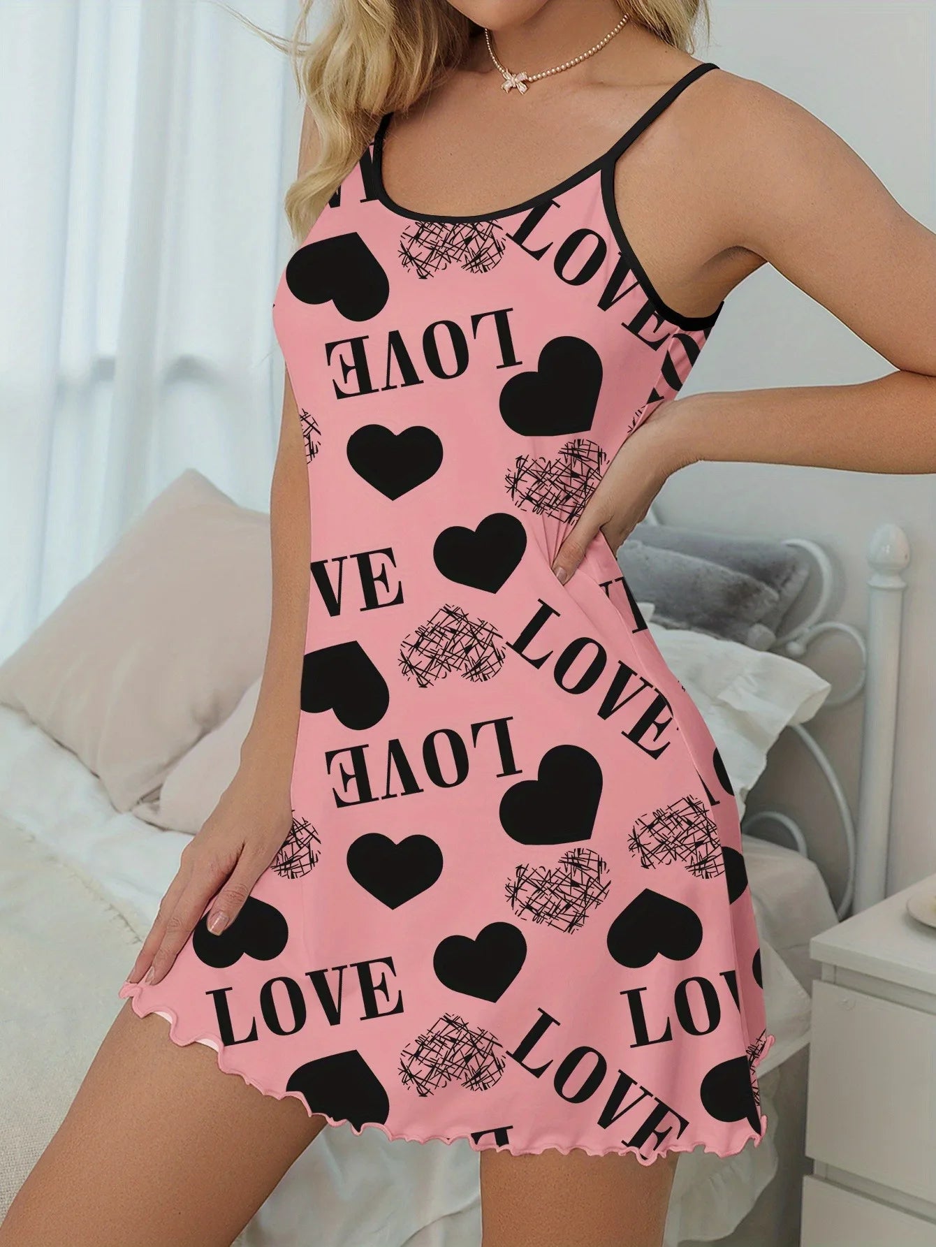 Casual Heart and  Letter Print Nightdress - Lettuce Trim Sexy Slip Short Nightdress, Women's Sleepwear and Dresses