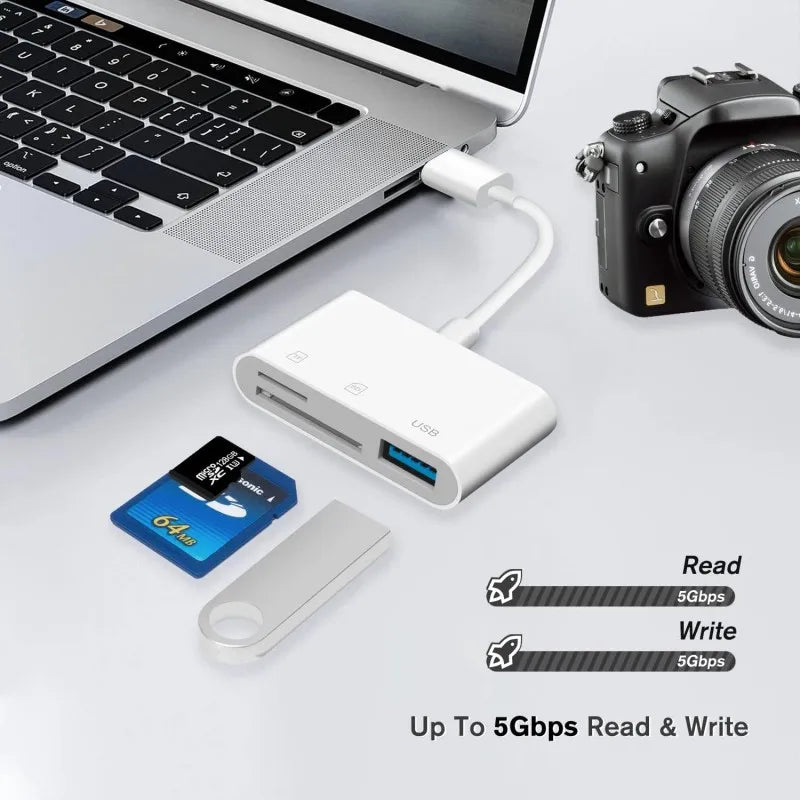 3-in-1 SD/TF Card Reader - For Apple iPhone 14/13/12/11 Pro Max, XR, XS, USB-C Camera Converter, iPad, Android, Laptop OTG Adapter