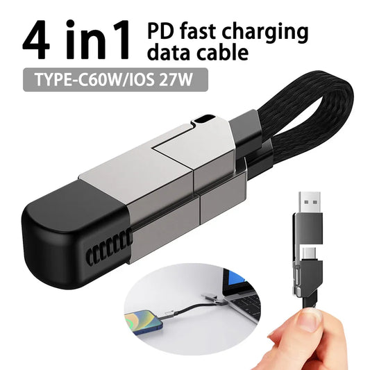 Portable Magnetic Keyring 4-in-1 Fast Charger Cord: Multi Charging Cable Short for Travel - PD 60W USB A/C to Type C for Phones and Tablets