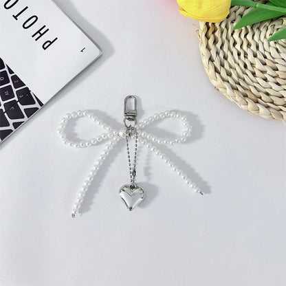 ZAKOL Delicate Beaded Key Chain - White Pearl Bow Keychain for Bags and Phones, Korean Fashion Accessory