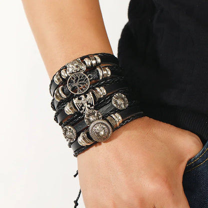 Fashion Black Skull Multi-Layer Beaded Leather Bracelet Set for Men - Adjustable DIY Winding Rope