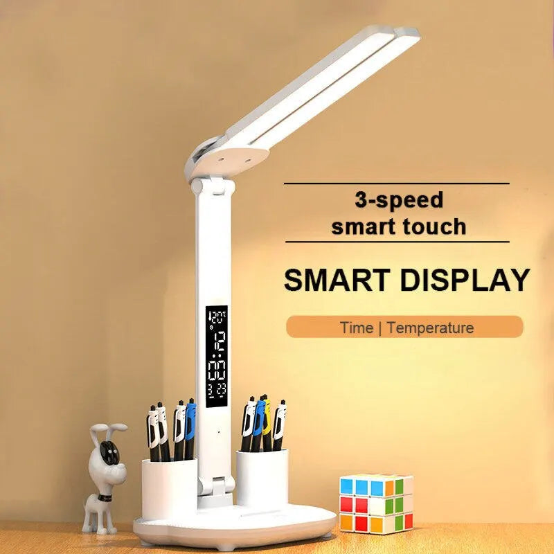 LED Clock Table Lamp: USB Rechargeable Dimmable Desk Lamps - Foldable, 180° Rotate, Eye Protection Night Lights