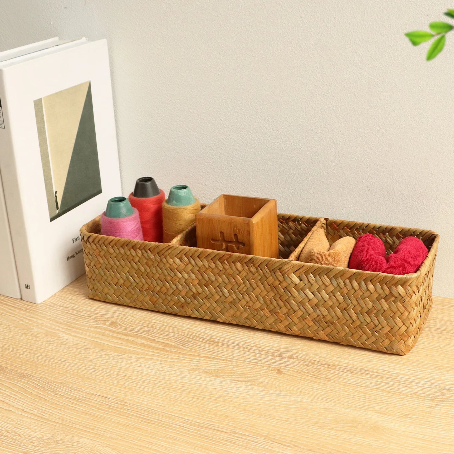 Hand Woven Storage Baskets with Lid - Rectangular Dust-Proof Clothing Storage Box, 3-Grid Wardrobe Container for Sundries Organizer