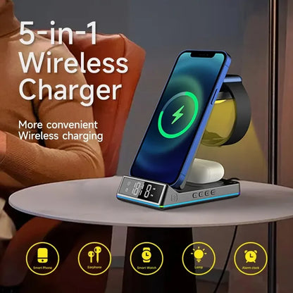 5 in 1 Foldable Wireless Charger Stand 15W with RGB LED Clock - Fast Charging Station Dock for iPhone, Samsung Galaxy, Watch 6/5, S23, S22