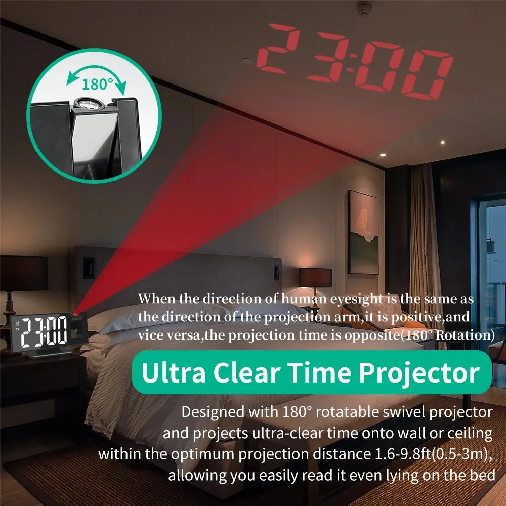 180° Arm Projection Digital Alarm Clock: Time, Temperature, Snooze Function - USB Projector LED Table Clock in 12/24H Format