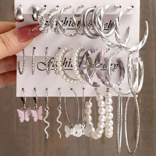 Elevate Your Style: 15 Pairs Creative Simple Lady Fake-Pearl Earrings - New Style Butterfly and Snake Designs in Silver-Color, Perfect for Adding Temperament