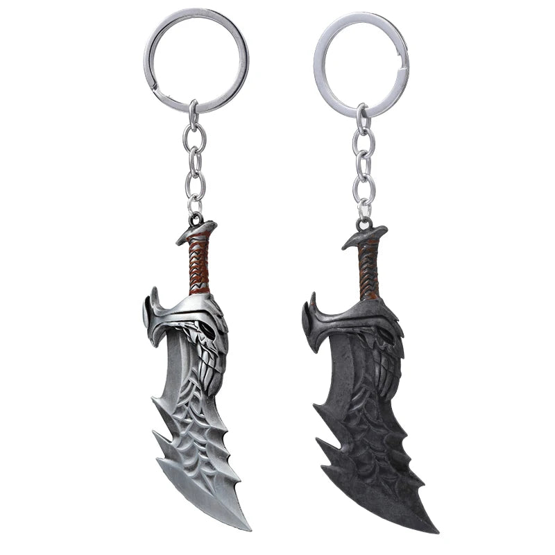 Fashion God of War 4 Keychain - Kratos Axe & Demon Knife Weapons Model, Cosplay Key Ring for Men, Car Accessory