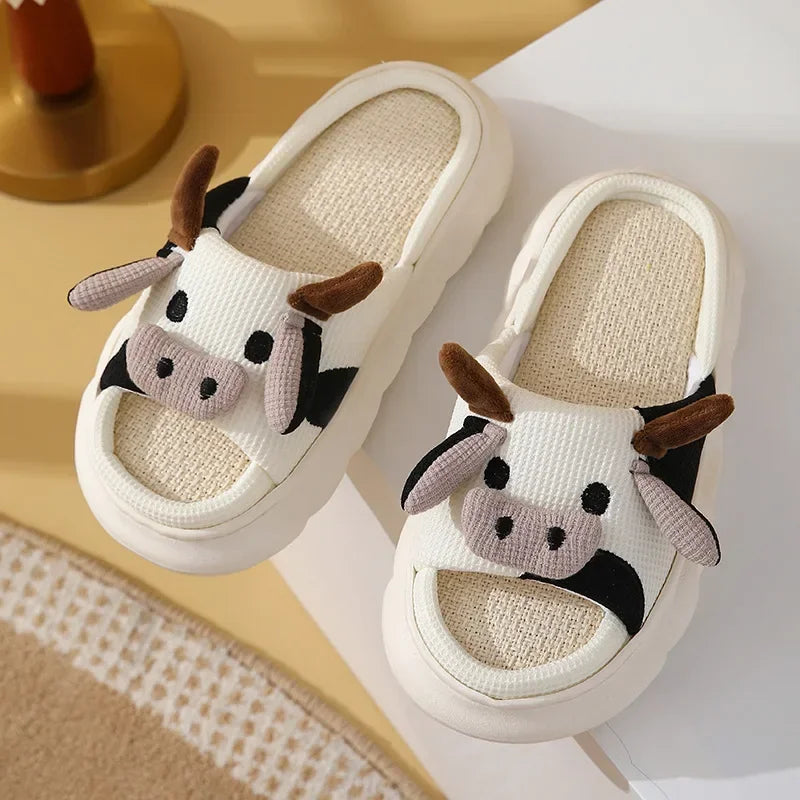 Hot Sale Milk Cow Linen Slippers for Women & Men: Cartoon Indoor Sandals - Cute Breathable Home Shoes for Couples