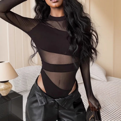 Chic Spring Summer Jumpsuit: Cut Cross Hollow Mesh Long-Sleeved Bodysuit - Thin O Neck Diagonal Design, Black Charming Clubwear