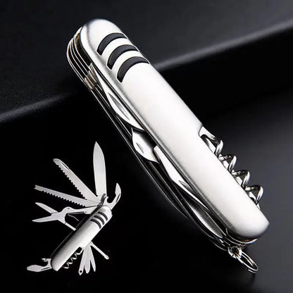 Portable 11 in 1 Multifunction Pocket Knife - Stainless Steel Outdoor Emergency Tool with Bottle Opener and Cork Drill