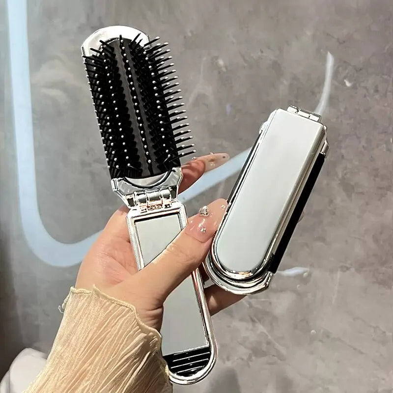 Electroplated Folding Airbag Comb | Portable Massage Comb with Removable Makeup Mirror | Women's Special 2-in-1 Hair Care Tool