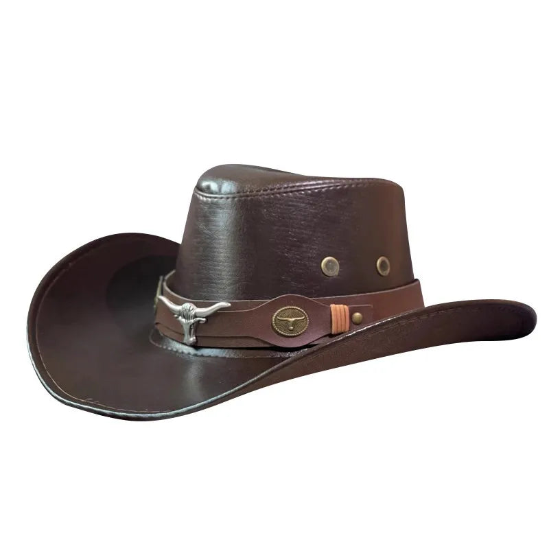 Faux Leather Western Cowboy Hat for Men and Women - Vintage Gentleman Panama Cowgirl Jazz Cap, Sombrero Hombre