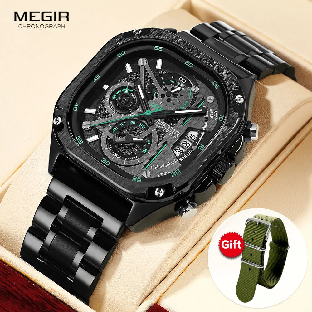 MEGIR Black Quartz Watch for Men – Waterproof, Square Dial, Chronograph, Stainless Steel Strap, Luminous Hands, Auto Date