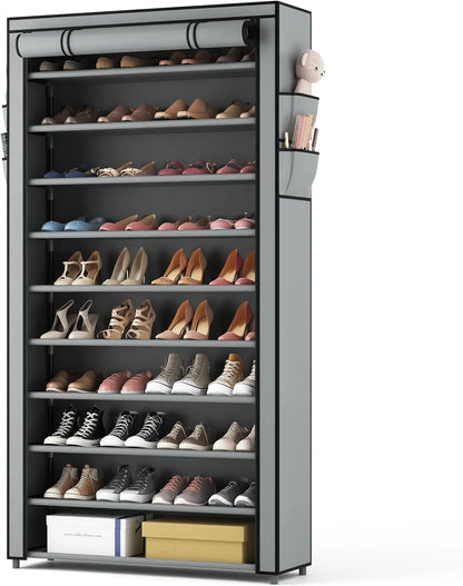 Stackable 10-Tier Shoe Rack with Covers - Tall Shelf Storage for 50-55 Pairs of Shoes and Boots, Large Capacity Vertical Rack