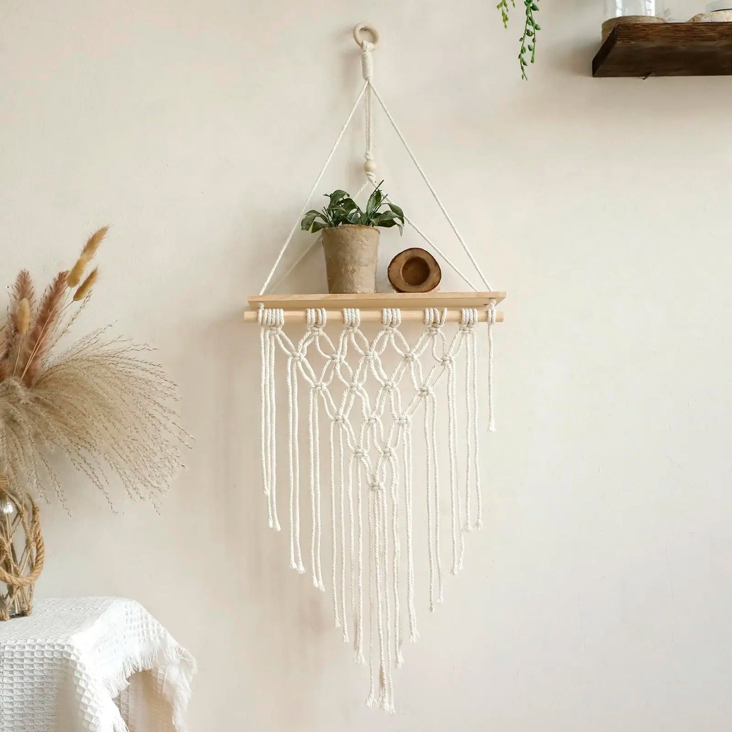 Macrame Wall Hanging Shelf – Floating Boho Decor for Bedroom, Living Room and Nursery, Perfect Wood Decoration Gift