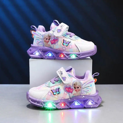 Disney LED Sneakers for Girls: Spring Elsa Princess Print Pu Leather Shoes - Children's Lighted Non-Slip Pink Purple Casual Footwear