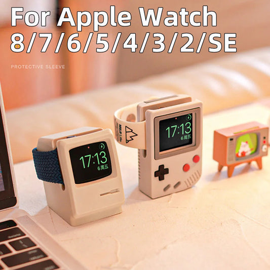 Retro Computer Pattern Desktop Holder for Apple Watch Charger Stand | Silicone Dock Charging Base for iWatch 8 7 6 5 4 3 2 SE