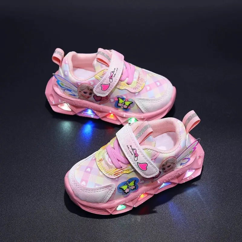 Disney LED Sneakers for Girls: Spring Elsa Princess Print Pu Leather Shoes - Children's Lighted Non-Slip Pink Purple Casual Footwear