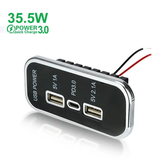 3-Port 35.5W PD Type-C USB Car Charger: 2.1A 1A Socket for Motorcycle, Auto, Truck, ATV, Boat - Power Adapter Outlet for RVs and Buses